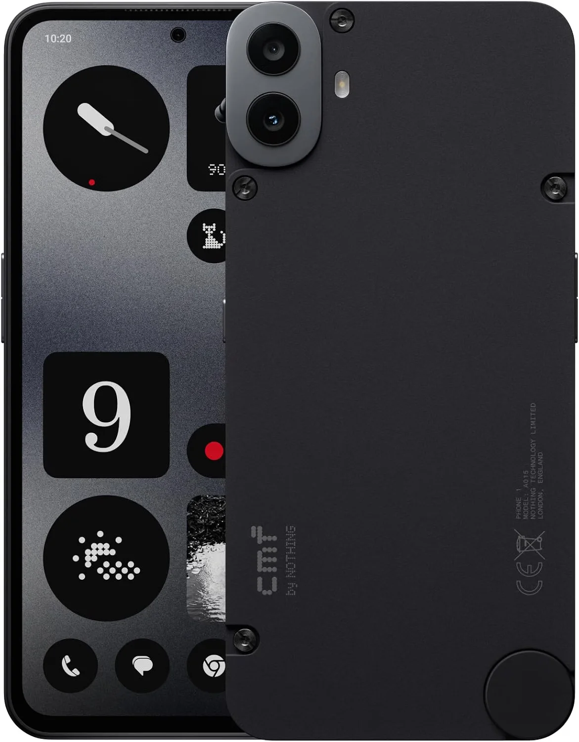Smartphone CMF Phone 1 preto exibindo o ecrã com interface minimalista e a traseira com parafusos e câmara dupla.