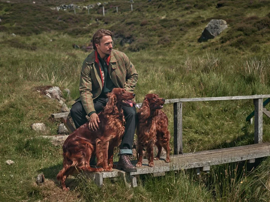 Homem com casaco de tweed verde e calças de ganga sentado numa ponte de madeira com dois cães setter irlandês na coleção outono inverno Hackett London