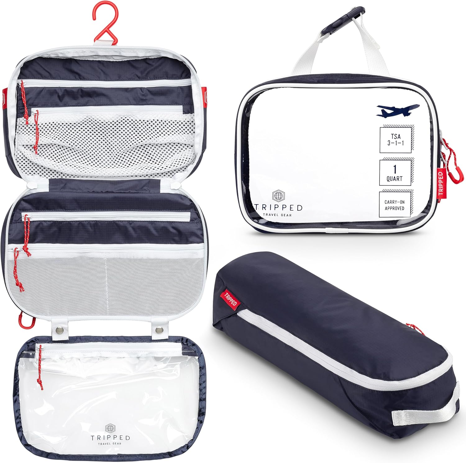 Conjunto necessaire de viagem azul marinho da Tripped com bolsa transparente TSA e estojo fechado