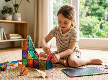 Criança a brincar com blocos magnéticos e origami no chão.
