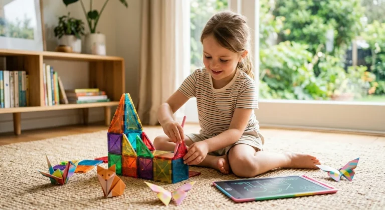 Criança a brincar com blocos magnéticos e origami no chão.