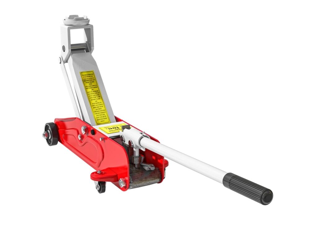 Macaco hidráulico portátil vermelho para veículos.
