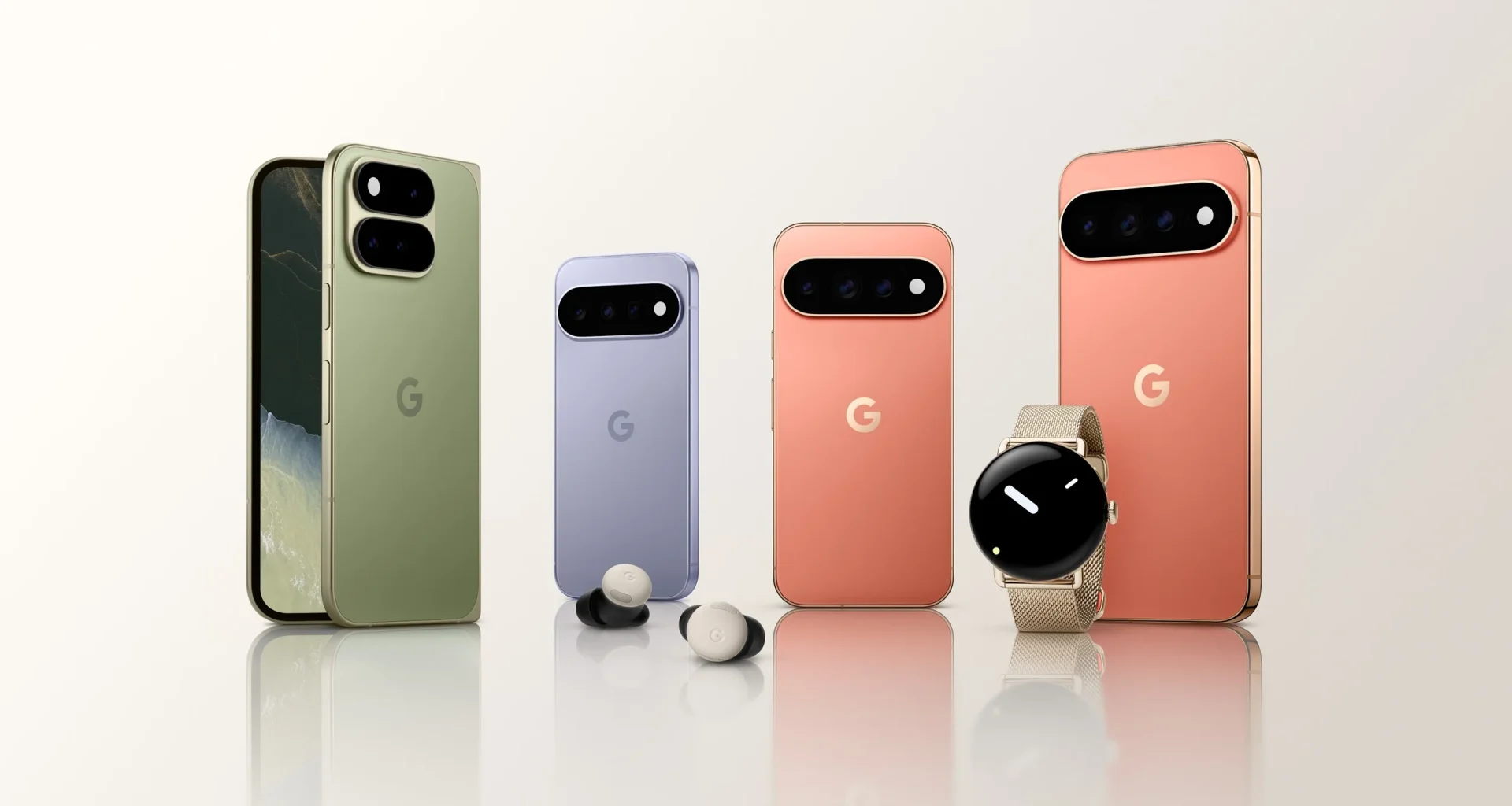 Gama de dispositivos Google Pixel em várias cores e tamanhos.