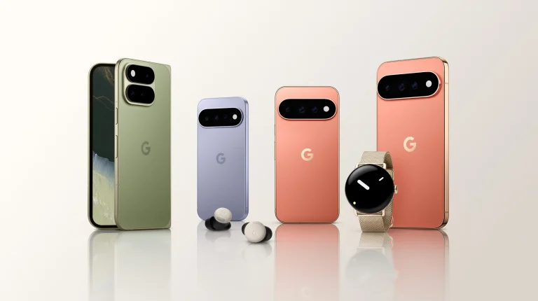 Gama de dispositivos Google Pixel em várias cores e tamanhos.