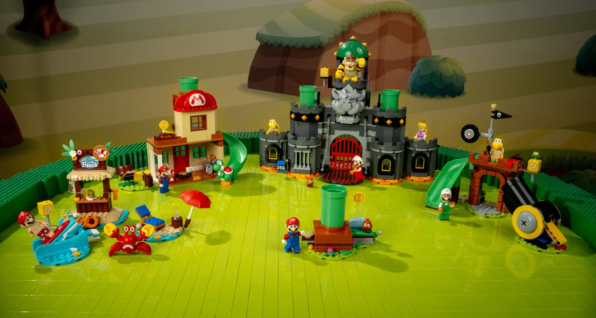 Conjunto LEGO Super Mario completo com castelo e personagens diversos.