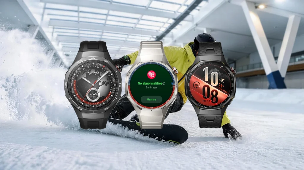 Três smartwatches Huawei sobrepostos a um snowboarder na neve.