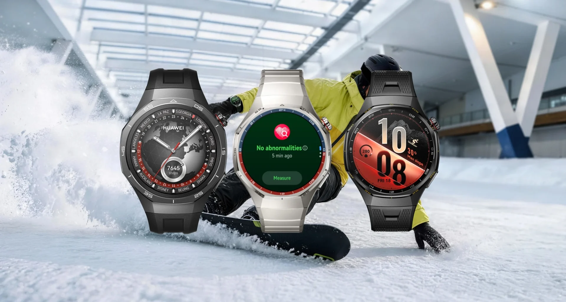 Três smartwatches Huawei sobrepostos a um snowboarder na neve.