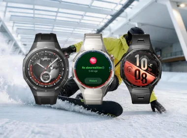 Três smartwatches Huawei sobrepostos a um snowboarder na neve.