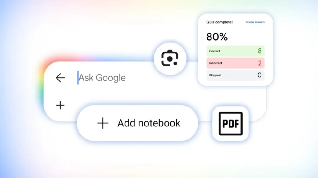Interface de aprendizagem Google com barra de pesquisa e ferramentas.