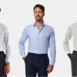 Homens em camisas sociais, tons claros.