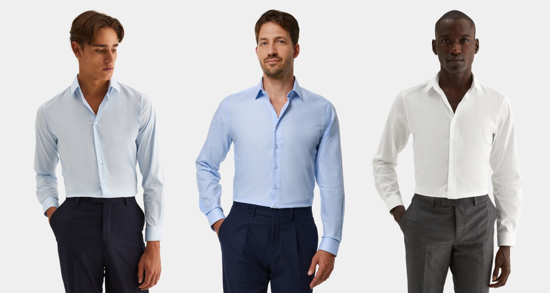 Homens em camisas sociais, tons claros.