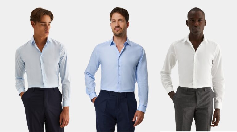 Homens em camisas sociais, tons claros.