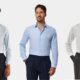 Homens em camisas sociais, tons claros.