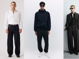 Três homens com roupas casuais e formais diferentes.