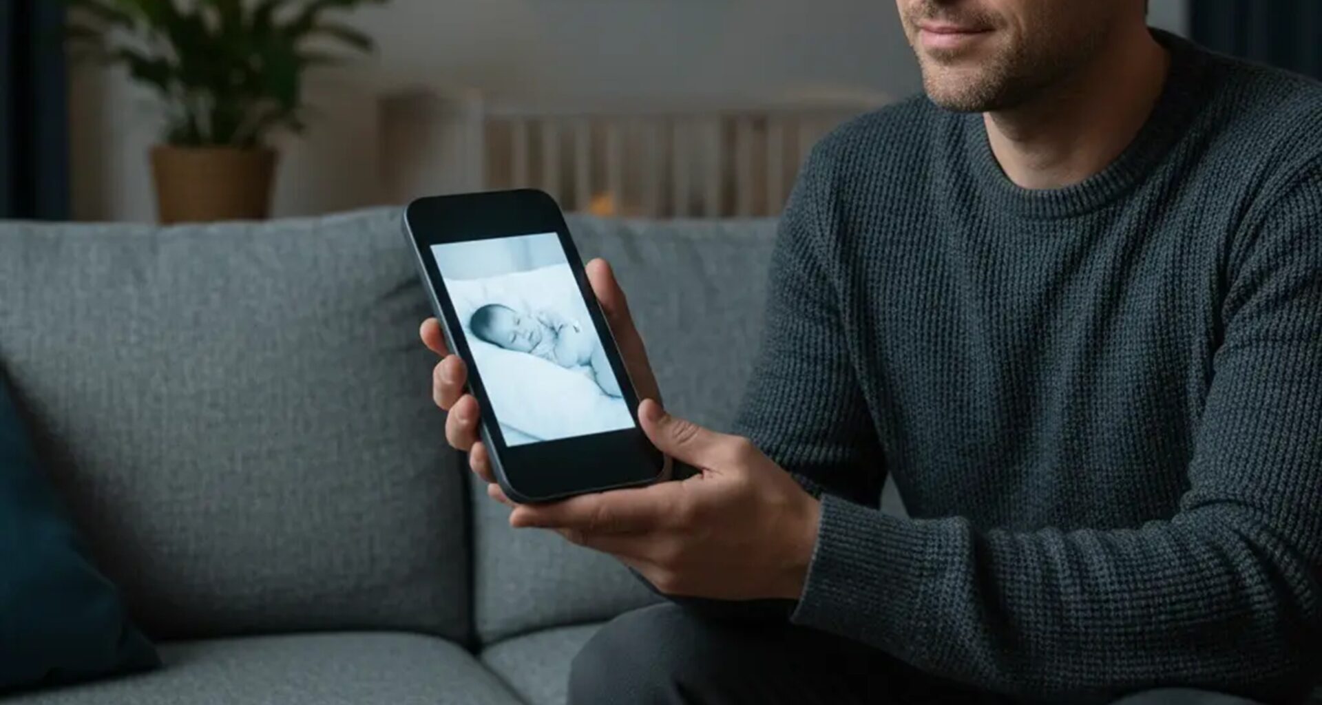 Homem segura telemóvel com foto de bebé.