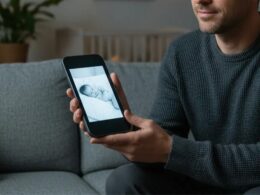 Homem segura telemóvel com foto de bebé.