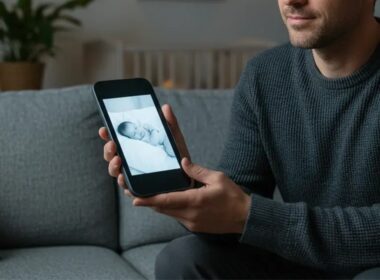 Homem segura telemóvel com foto de bebé.