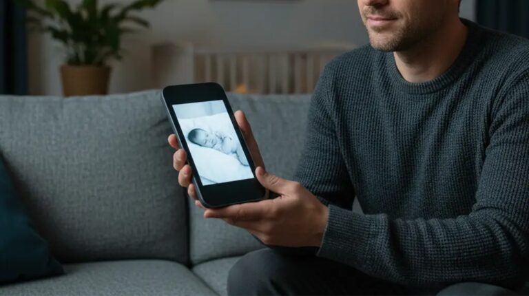 Homem segura telemóvel com foto de bebé.