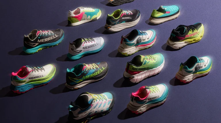 Vários modelos de sapatilhas Merrell coloridas sobre fundo escuro.