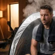 Homem em sauna portátil numa sala de exercícios.