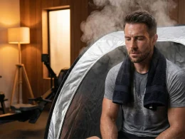 Homem em sauna portátil numa sala de exercícios.