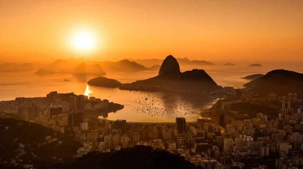 Pôr do sol dourado no Rio de Janeiro e baía.