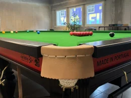 Mesa de snooker profissional com acabamento em pele.