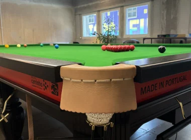 Mesa de snooker profissional com acabamento em pele.