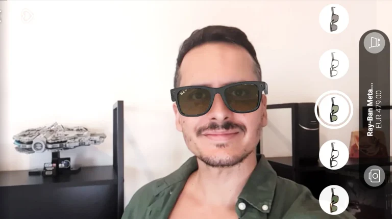 Homem a experimentar óculos Ray-Ban Meta através de realidade aumentada.