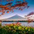 Monte Fuji no outono com folhas coloridas
