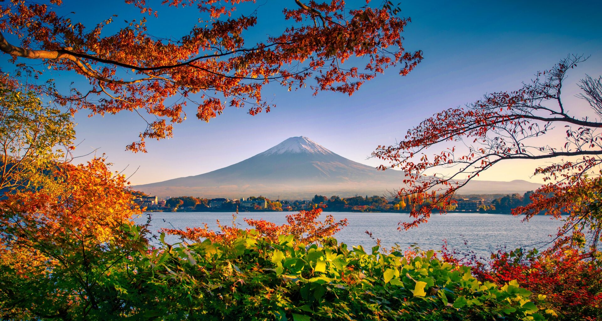 Monte Fuji no outono com folhas coloridas