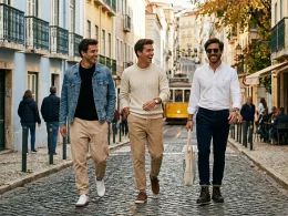 Três homens sorridentes caminham por rua típica de Lisboa.
