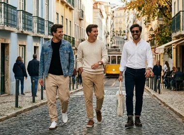 Três homens sorridentes caminham por rua típica de Lisboa.