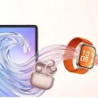 Tablet, auriculares e relógio inteligente sobre ondas fluidas coloridas.