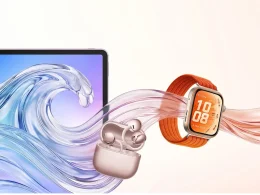 Tablet, auriculares e relógio inteligente sobre ondas fluidas coloridas.