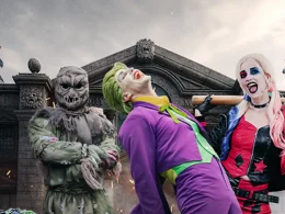 Espantalho, Joker e Harley Quinn no Parque Warner Madrid.