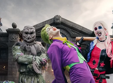 Espantalho, Joker e Harley Quinn no Parque Warner Madrid.