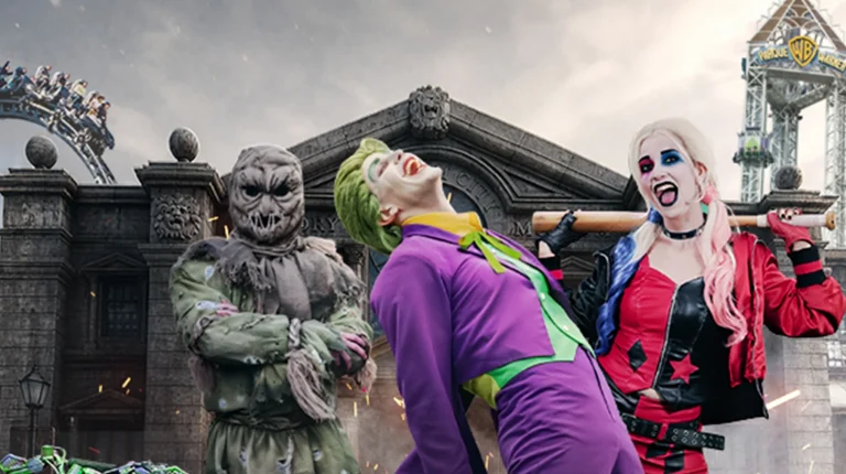 Espantalho, Joker e Harley Quinn no Parque Warner Madrid.