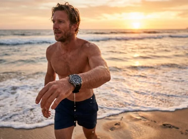 Homem a sair do mar numa praia ao pôr-do-sol.