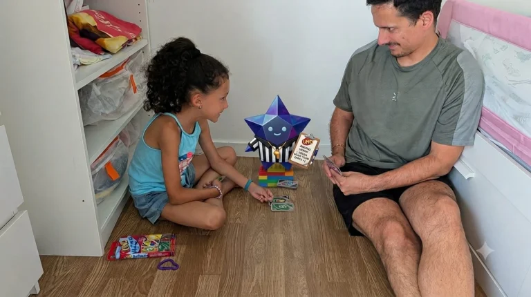 Homem e menina a jogar cartas no chão de madeira.