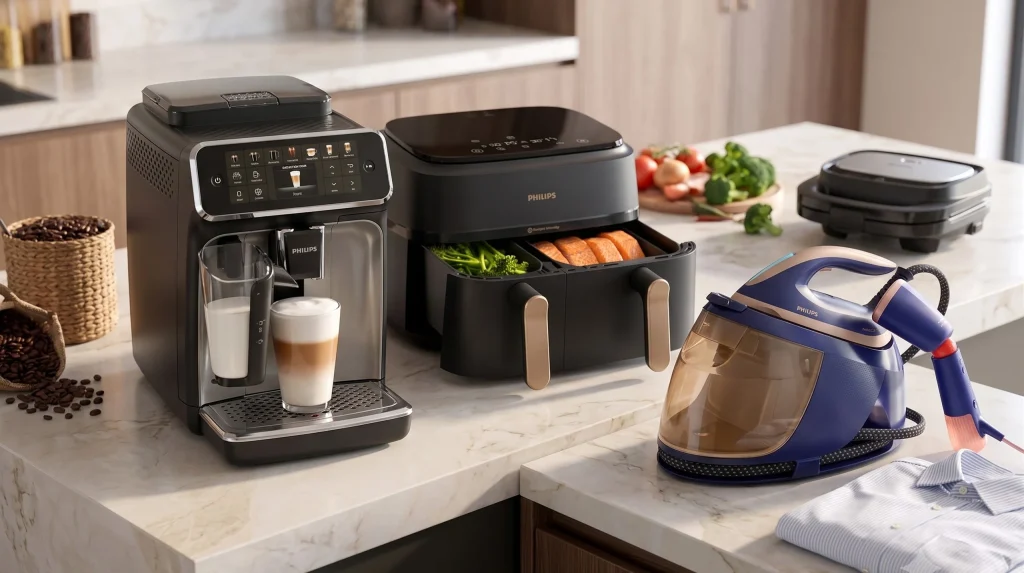 Eletrodomésticos Philips modernos numa bancada de cozinha de mármore.