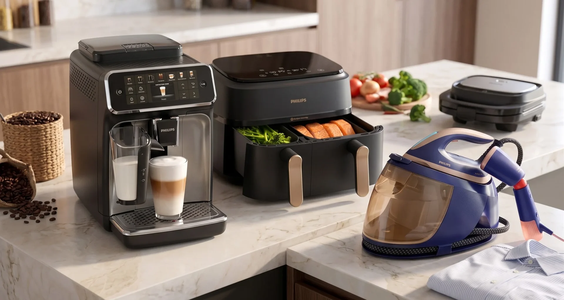 Eletrodomésticos Philips modernos numa bancada de cozinha de mármore.