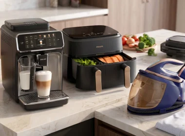 Eletrodomésticos Philips modernos numa bancada de cozinha de mármore.