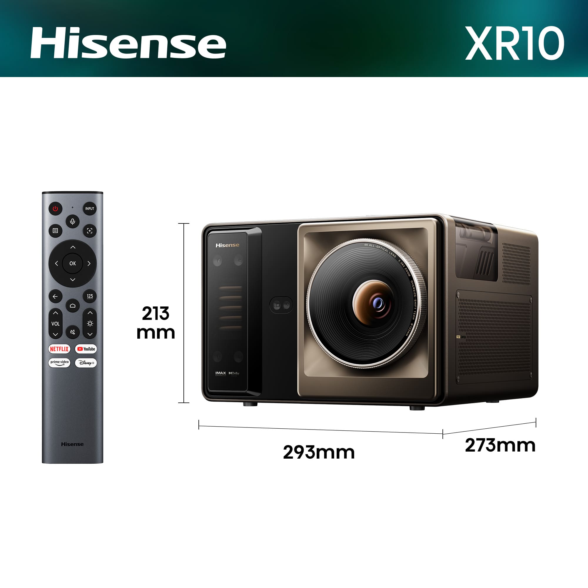 Projetor laser Hisense XR10 em bronze e preto ao lado do comando à distância com indicações visuais de 213 milímetros de altura, 293 milímetros de largura e 273 milímetros de profundidade.