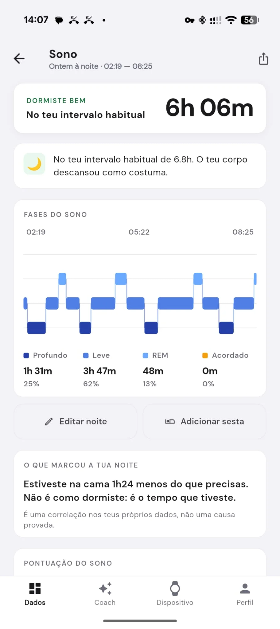 Interface da aplicação da pulseira DuckDik Sense com gráfico detalhado das fases do sono, mostrando tempos de sono profundo, leve e REM.
