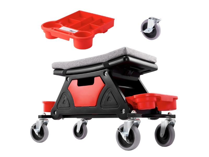 Banco rolante para mecânico com bandeja e rodas.