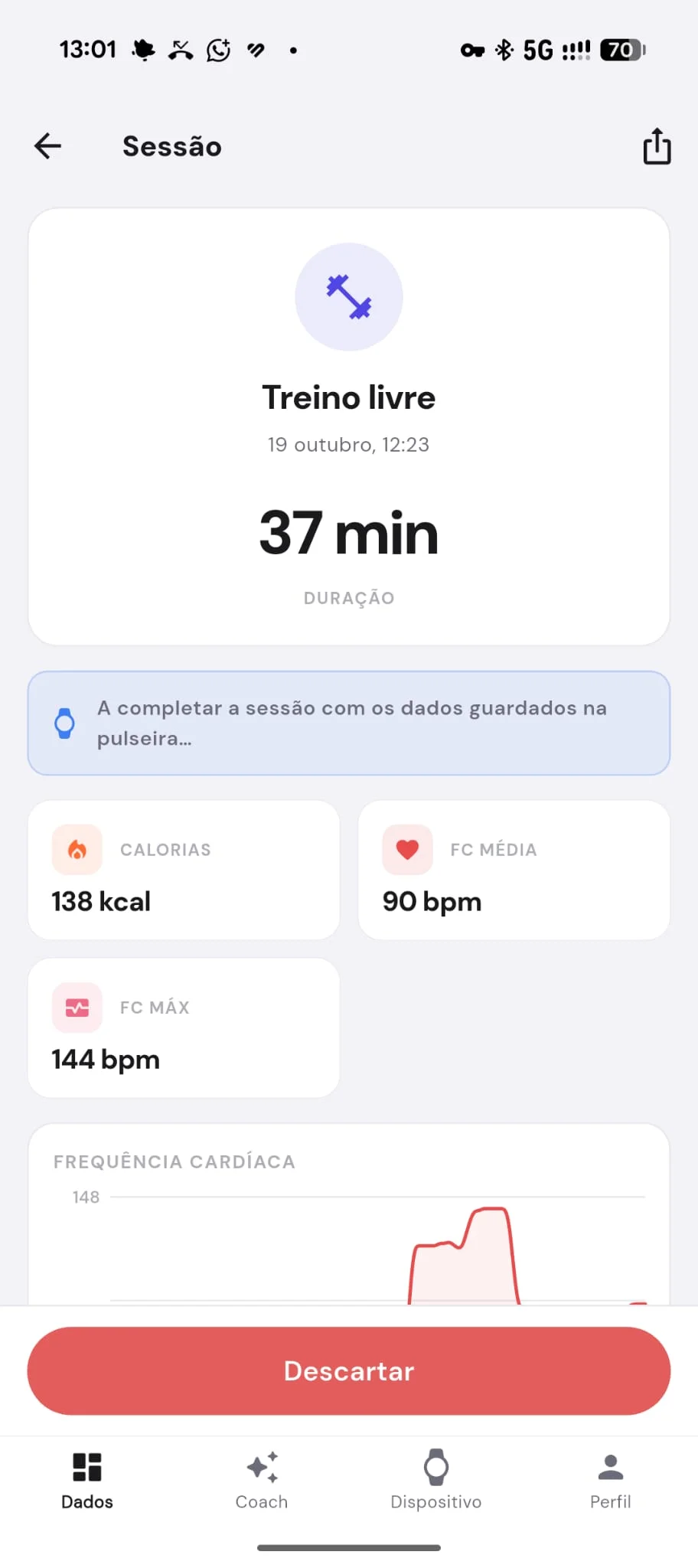 Captura de ecrã da aplicação da pulseira DuckDik Sense a mostrar os dados de uma sessão de treino livre com duração, calorias e gráfico de frequência cardíaca.