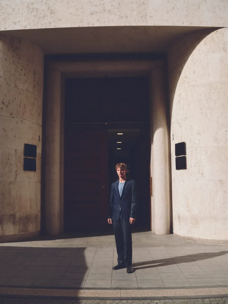 Modelo masculino a usar um fato azul escuro da coleção Mango Man Superior Denim em frente a um edifício de pedra com portas de madeira.