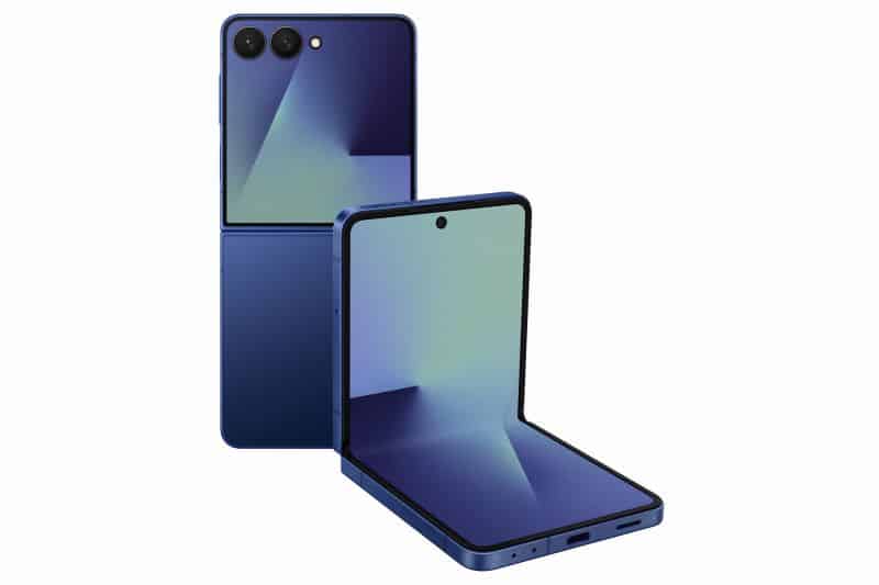 Telemóvel dobrável azul com duas câmaras traseiras.