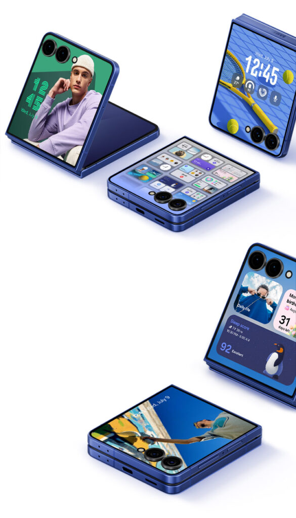 Telemóveis dobráveis azuis com mostrador customizável.